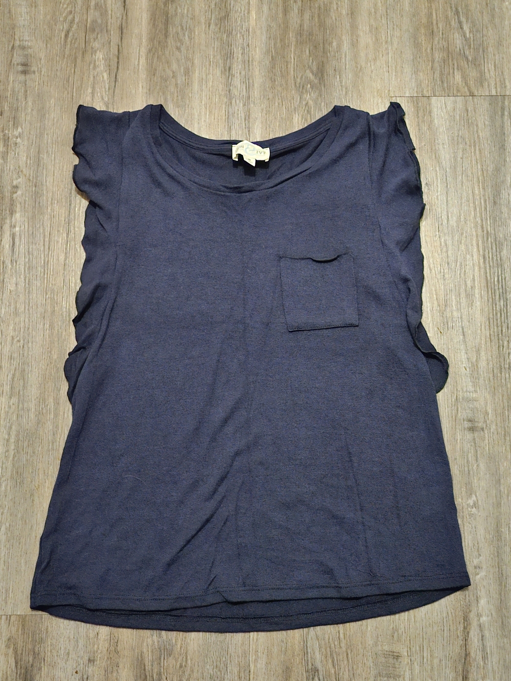 Casual Navy Ruffle Sleeve Pocket Tee